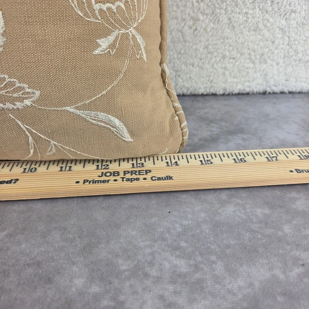 Floral Embroidered Square Throw Pillow Tan White Botanical Decorative Accent 14